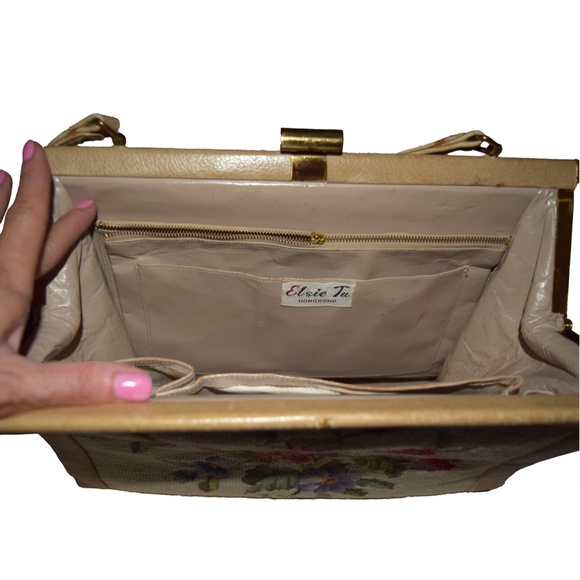 LG Vintage 50-60s Leather & Needlepoint Floral Tapestry Handbag by Elsie Tu - Picture 4 of 5
